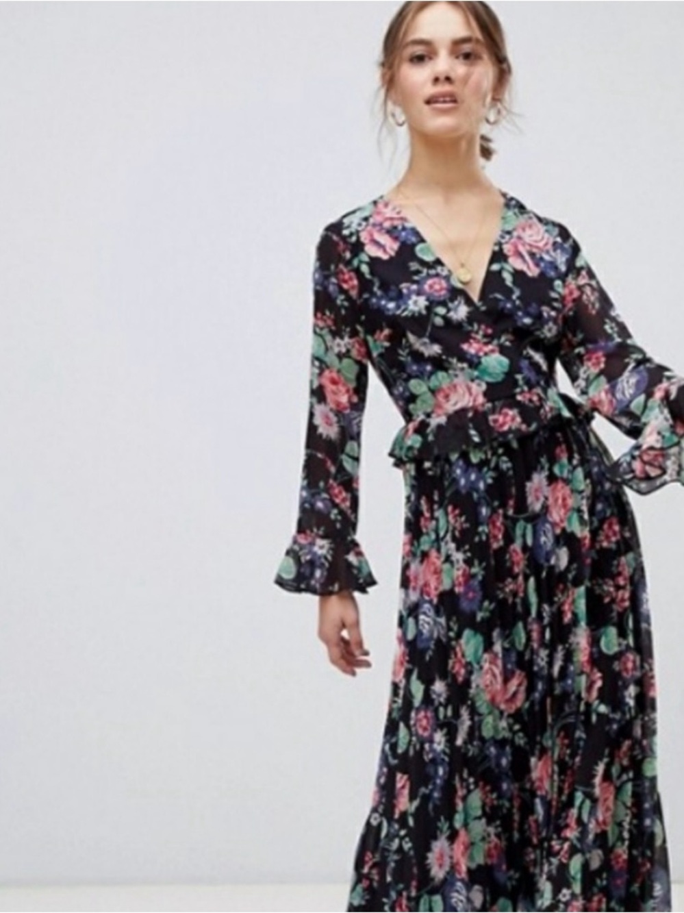 ASOS Floral Long Sleeve Maxi Dress Black Pink V-Neck